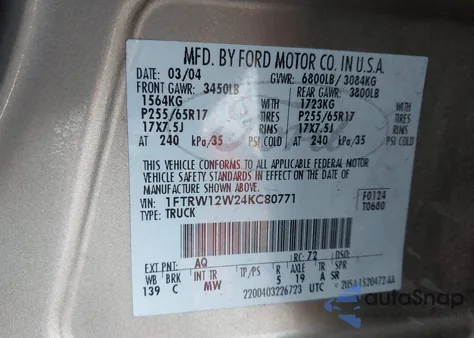 2004 Ford F-150 Xlt z USA, uszkodzony, nr VIN 1FTRW12W24KC80771